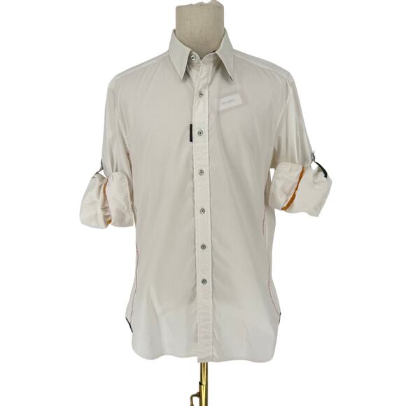 Robert Graham Button Front Long Sleeve Shirt Solid White Red Contrast L